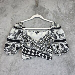 Express Blouse Womens XS White Black Floral Stripe Puff Sleeve V Neck Cropped